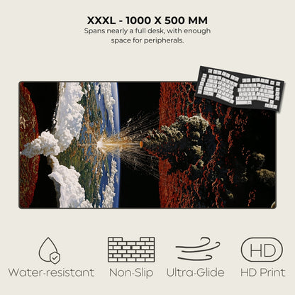 Large desk mat with space-themed design, keyboard, and product features on a white background