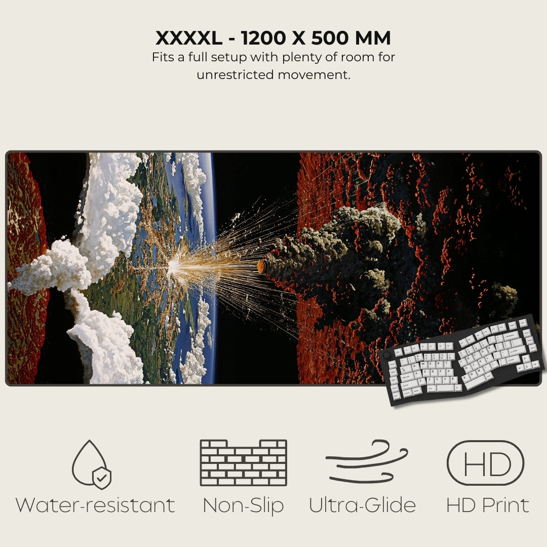 Large desk mat with space-themed design and keyboard, featuring text and icons about product features.
