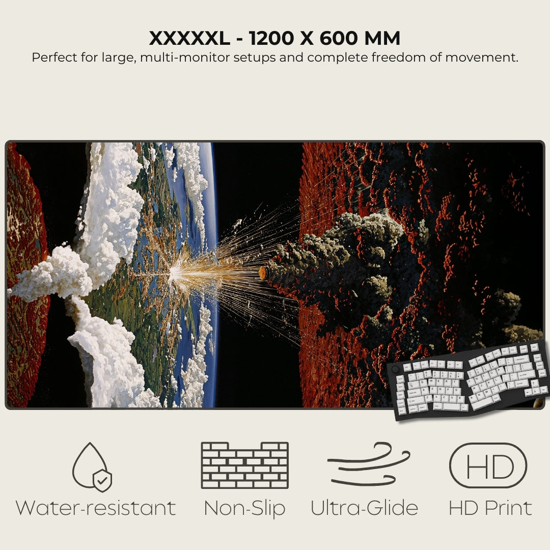 Large desk mat with a space-themed design, featuring a keyboard on a white background.