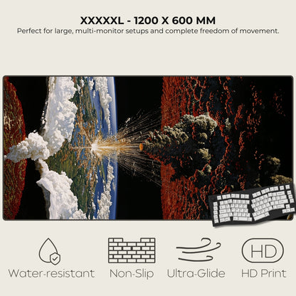 Large desk mat with a space-themed design, featuring a keyboard on a white background.