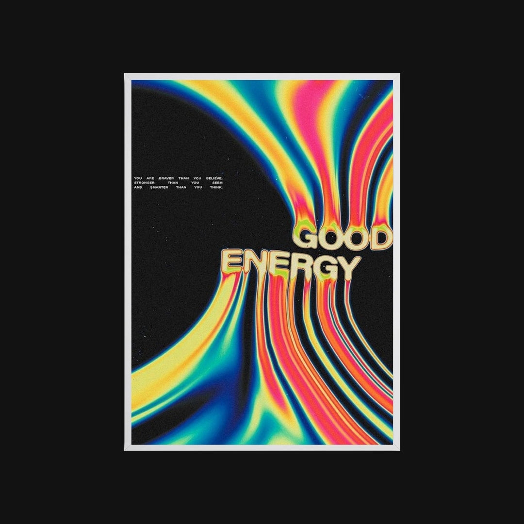 Colorful abstract design with 'Good Energy' text on a black background