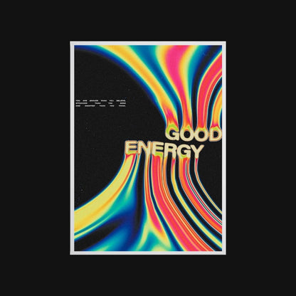 Colorful abstract design with 'Good Energy' text on a black background