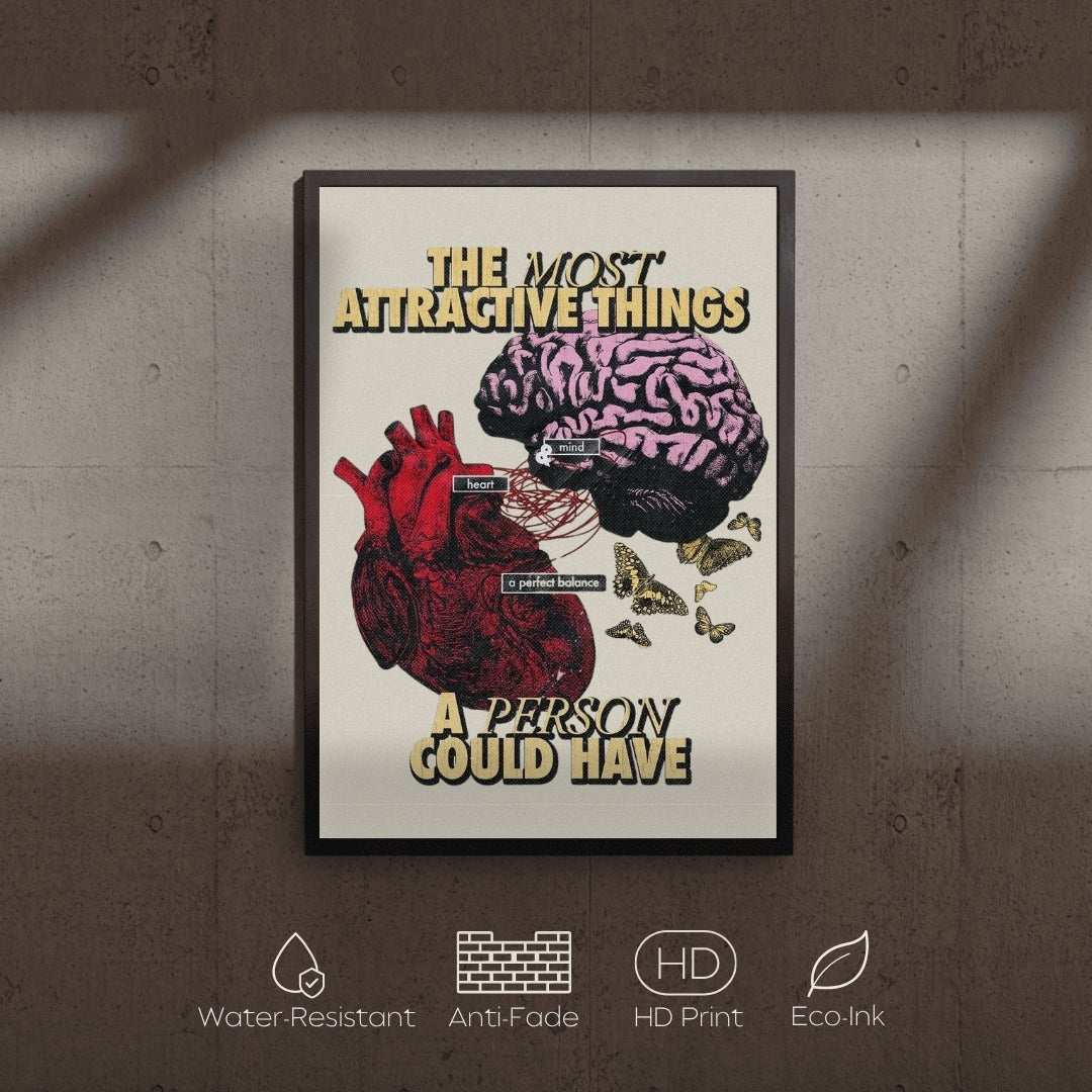 Framed poster with artistic design and text on a textured wall.