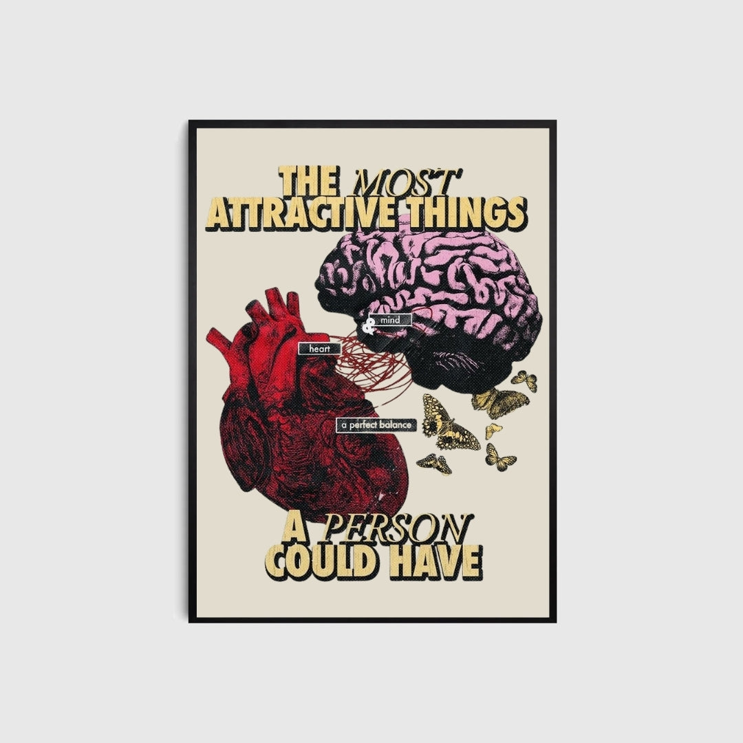 Poster with a heart, brain, and butterflies on a beige background with text.