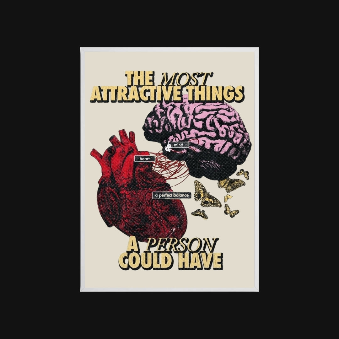 Illustration of a heart and brain with butterflies on a beige background, featuring text.