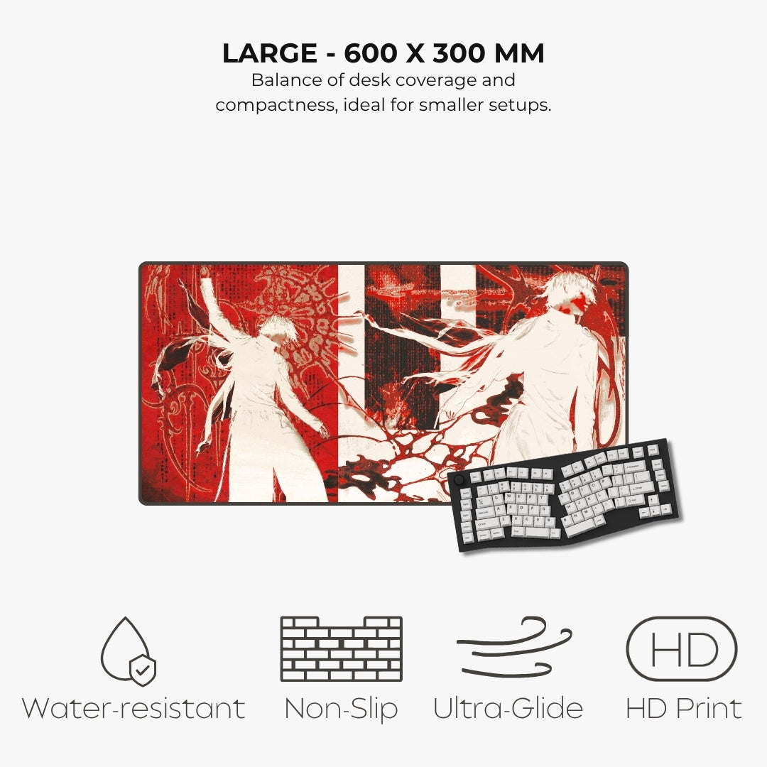 Listing for a large rectangular gaming desk mat with a red and white anime-style illustration, shown with a black keyboard on a light gray background. Text above reads 'LARGE - 600 X 300 MM' and below feature icons for water-resistant, non-slip, ultra-glide, and HD print.