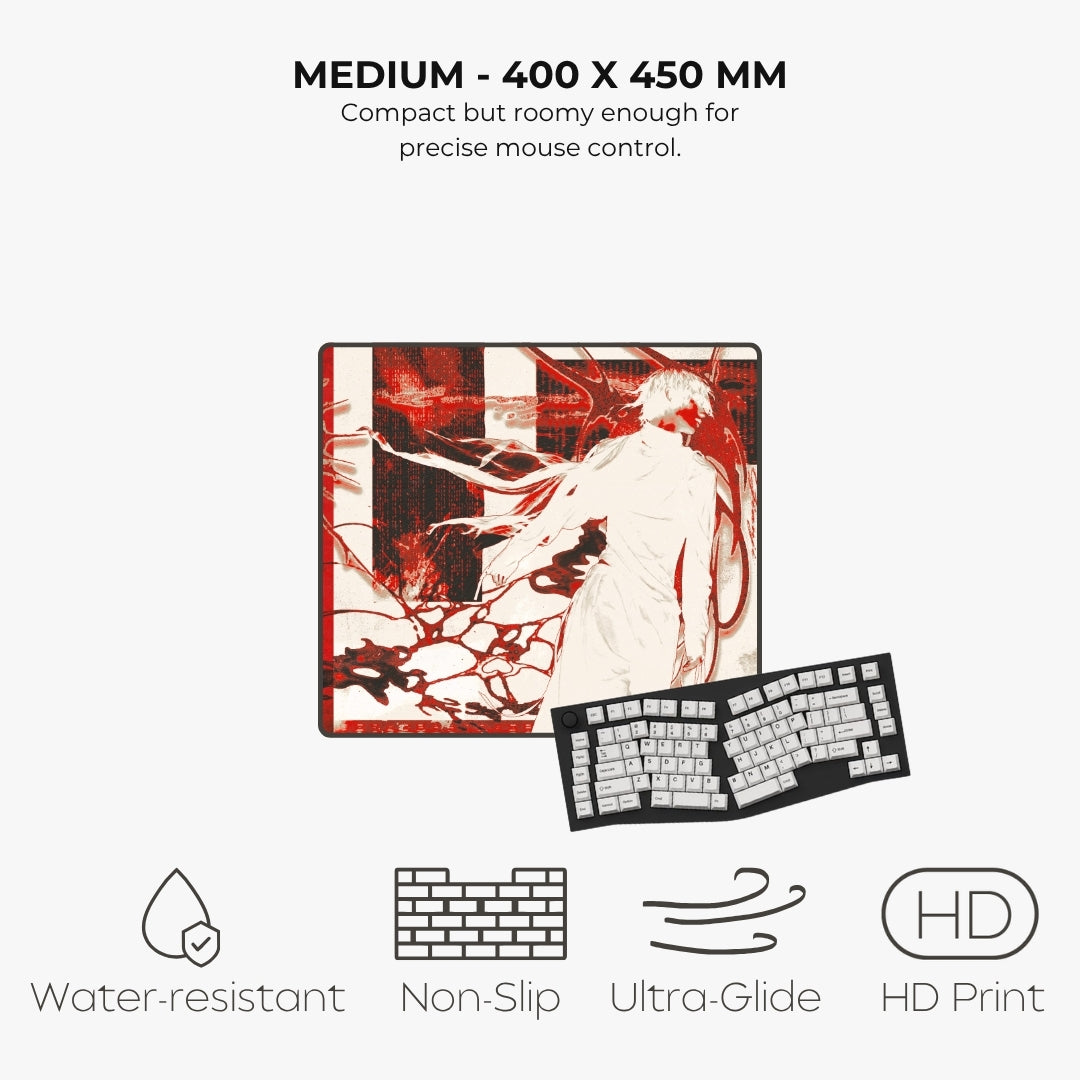 Listing for a mouse pad with a red and black anime-style illustration, shown alongside a black keyboard on a light gray background. Text at the top reads 'MEDIUM - 400 X 450 MM' and describes the compact size, while icons at the bottom highlight features like water resistance, non-slip texture, ultra-glide edge, and HD print.