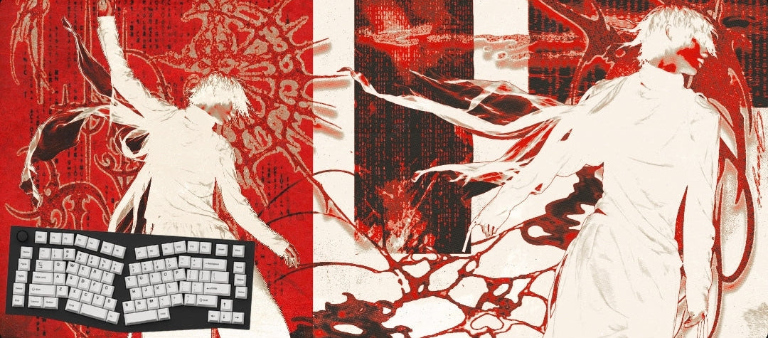 large rectangular gaming desk mat with a red and white anime-style illustration, shown with a black keyboard on a light gray background.