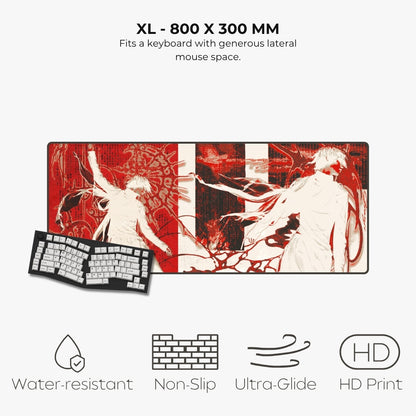 A large rectangular gaming mouse pad with an anime-style red and white illustration, shown with a keyboard graphic and text reading 'XL - 800 X 300 MM' plus feature icons for water-resistant, non-slip, ultra-glide, and HD print.