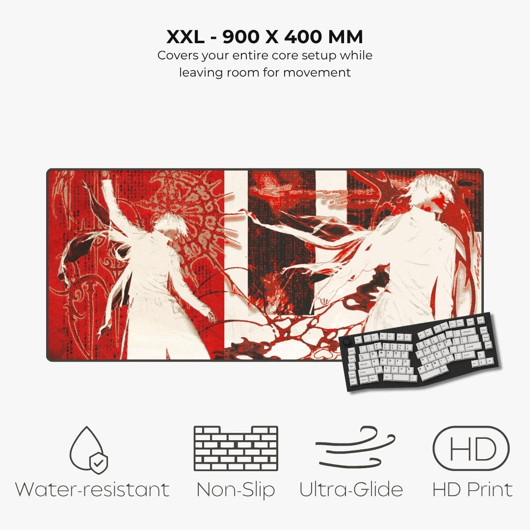 Listing for a large rectangular gaming desk mat with a red and white anime-style illustration, shown with a black keyboard on a light gray background. Text above reads 'XXL - 900 X 400 MM' and below feature icons for water-resistant, non-slip, ultra-glide, and HD print.