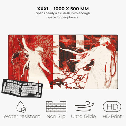 Listing for a large rectangular desk mat or gaming mouse pad with anime-style artwork in red, white, and black, shown on a light gray background with text reading 'XXXL - 1000 X 500 MM' and feature icons for water-resistant, non-slip, ultra-glide, and HD print. A keyboard graphic appears in the lower left as a styling/demo element.