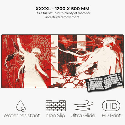 Listing for a large rectangular gaming desk mat with anime-style artwork in red, white, and black, shown on a light gray background with text stating XXXXL - 1200 X 500 MM and feature icons for water-resistant, non-slip, ultra-glide, and HD print. A keyboard is partially placed on the desk mat for scale.