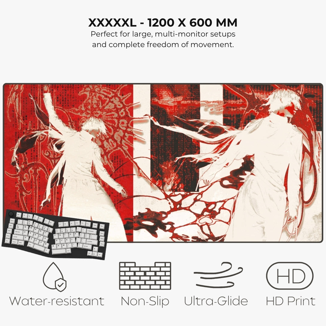 Listing for a large anime-themed desk mat or mousepad shown on a light gray background with marketing text and feature icons. The mat features a red and off-white graphic print with two stylized figures and abstract line art.