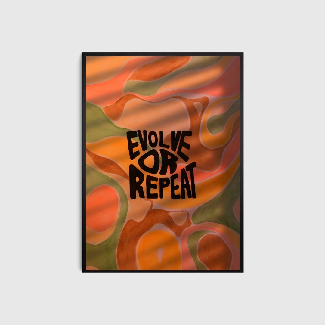 Framed abstract art with 'Evolve or Repeat' text on a white background