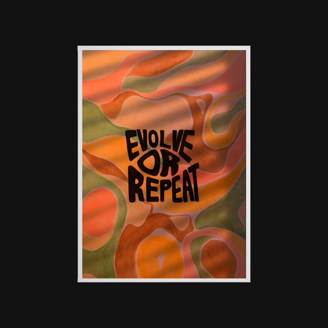 Abstract design with 'Evolve or Repeat' text on a colorful background
