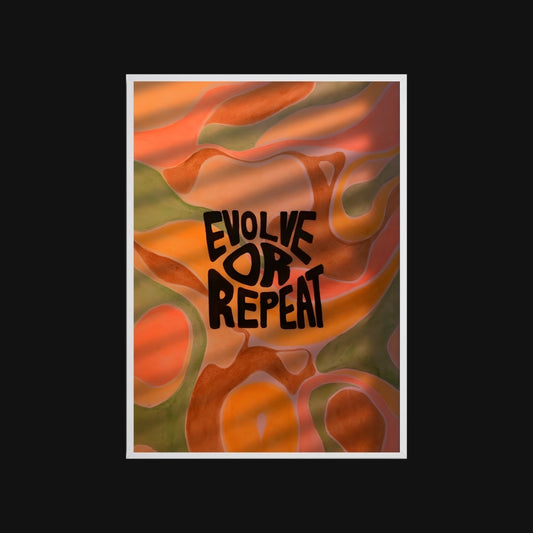 Abstract design with 'Evolve or Repeat' text on a colorful background