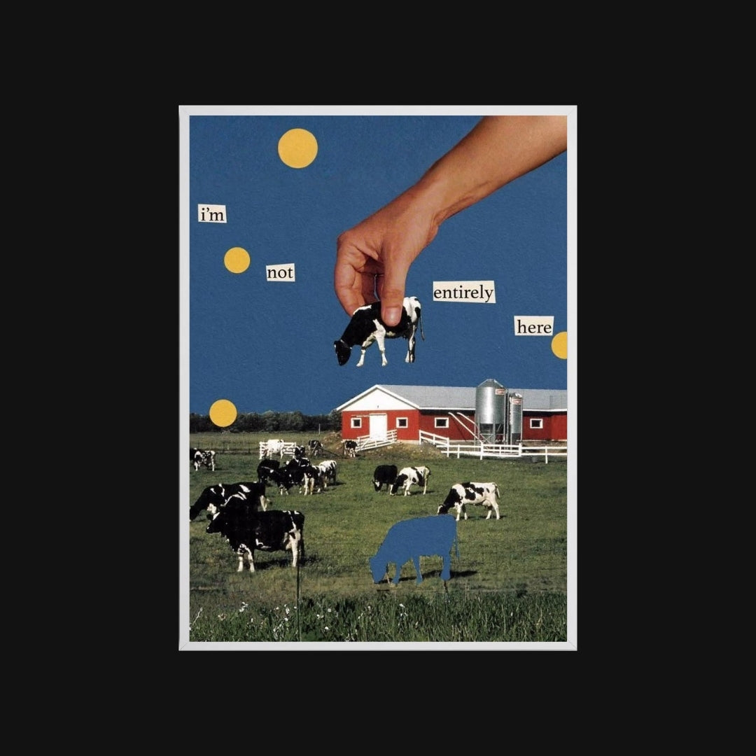 Collage of a hand with text over a farm scene with cows.