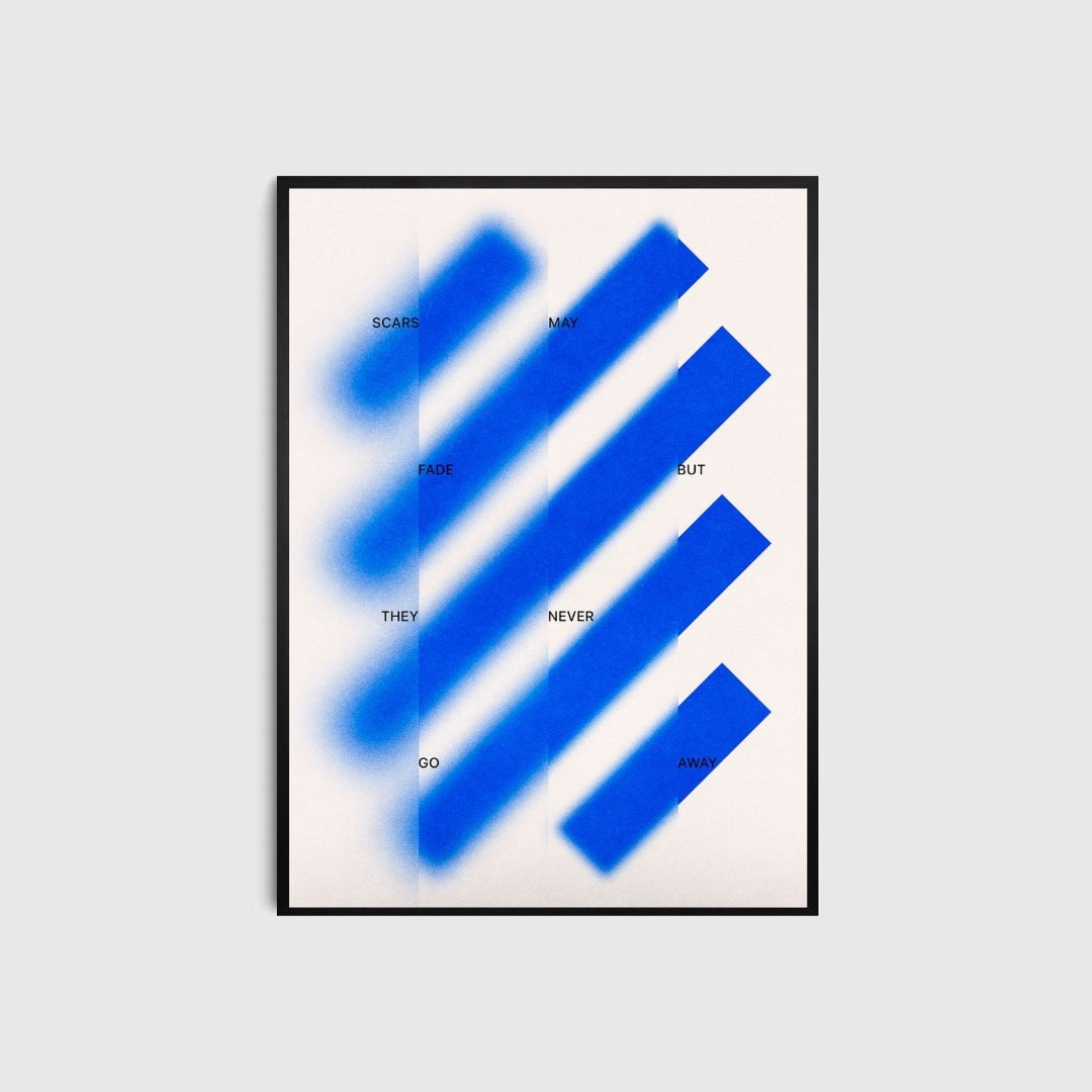 Framed abstract art with blue brush strokes and text on a light gray background