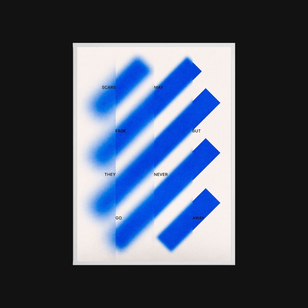 Blue abstract design with text on a white background