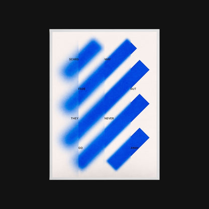 Blue abstract design with text on a white background