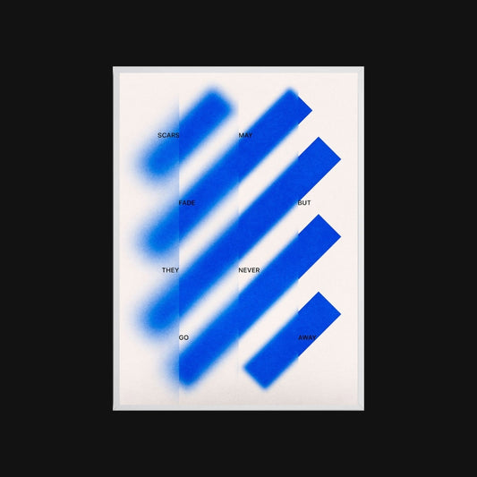 Blue abstract design with text on a white background