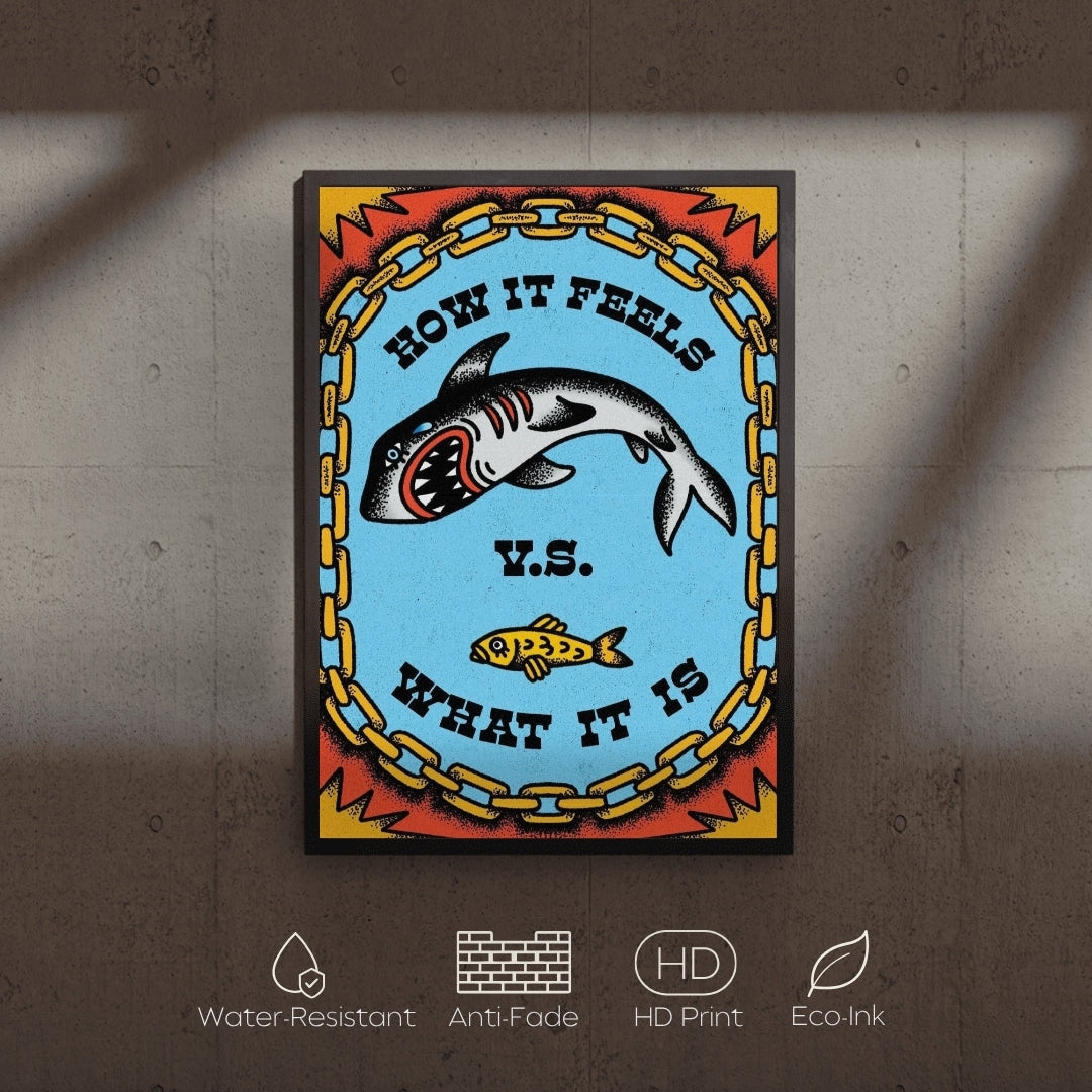 Poster with a shark and fish design on a concrete wall, featuring text and decorative elements.