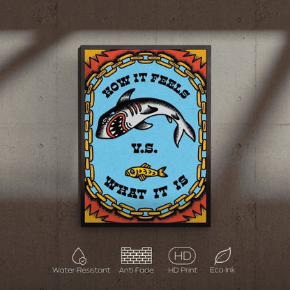 Poster with a shark and fish design on a concrete wall, featuring text and decorative elements.