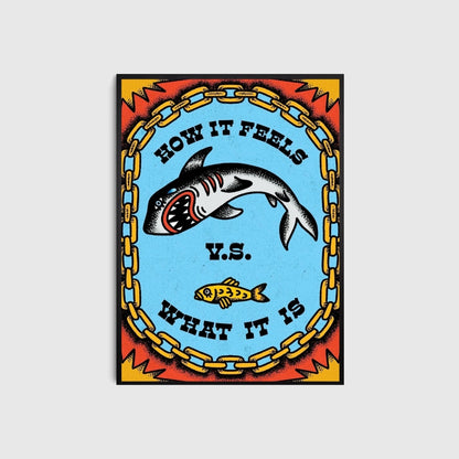 Poster with a shark and fish illustration and text on a blue background