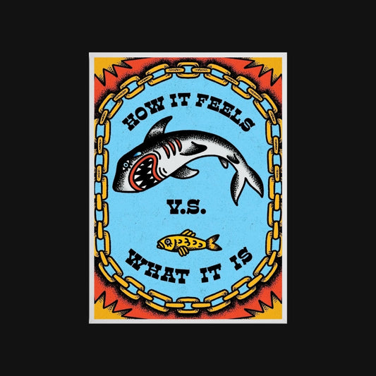 Poster with shark and fish illustration and text on a black background