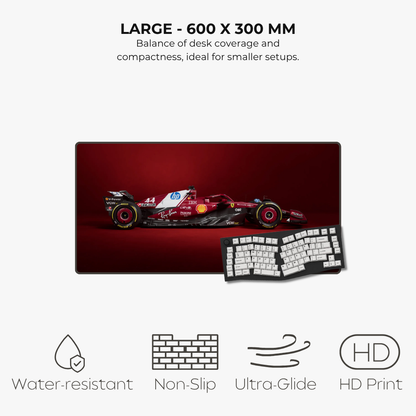Large desk mat with a racing car design, keyboard, and product features on a white background