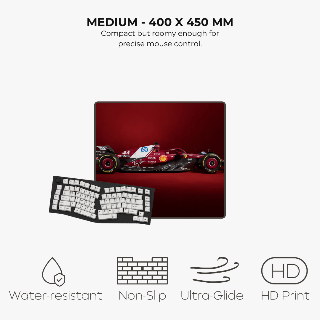 Mouse pad with racing car design and keyboard, featuring specifications and features on a white background.