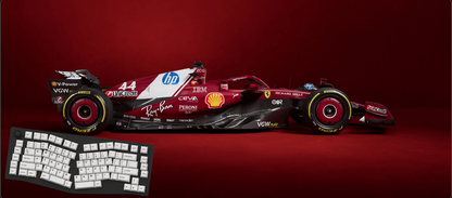 Ferrari Formula 1 car model on a red background with a keyboard below