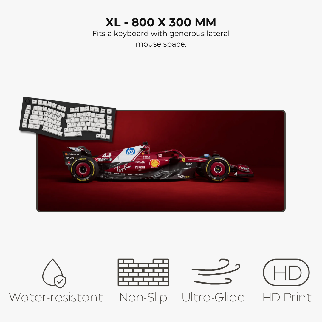 Large mouse pad with a racing car design, featuring dimensions and product features on a white background.