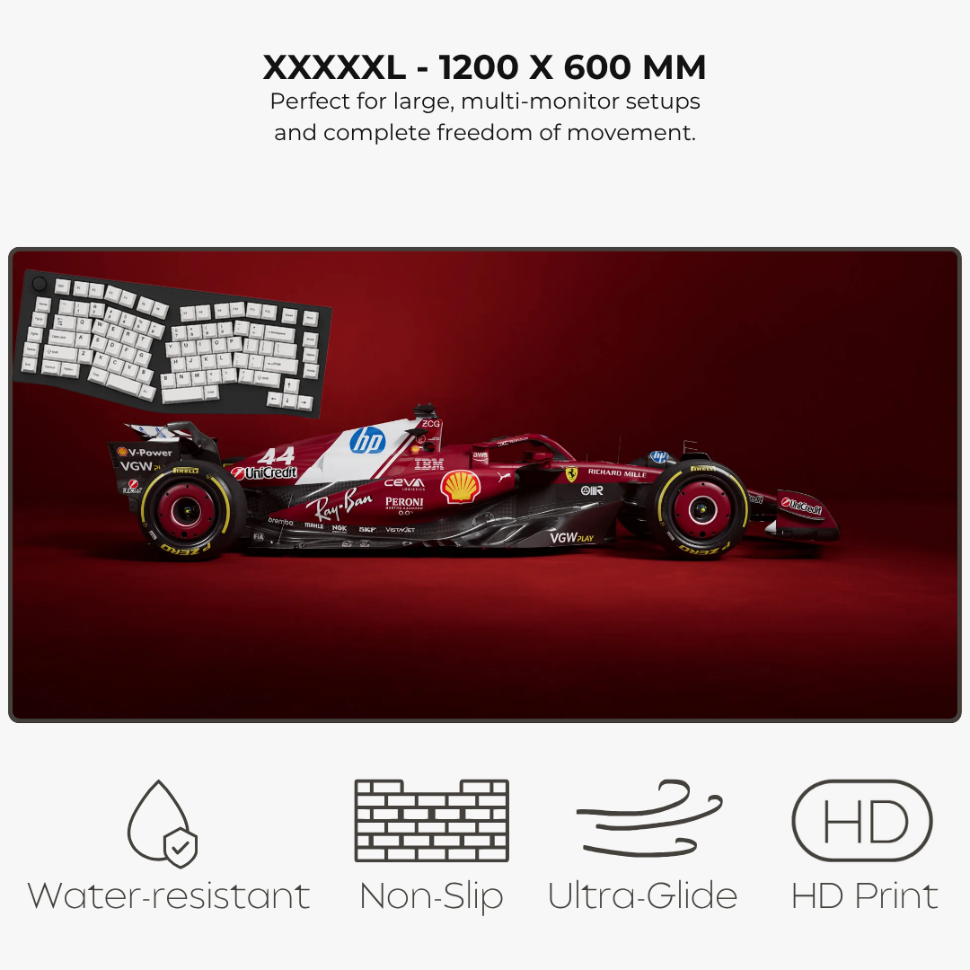 Large mouse pad with a Formula 1 car design on a red background