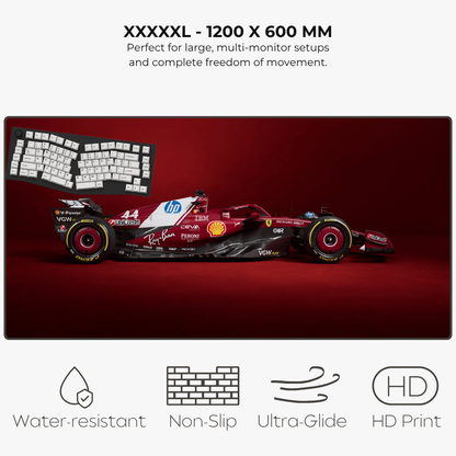 Large mouse pad with a Formula 1 car design on a red background
