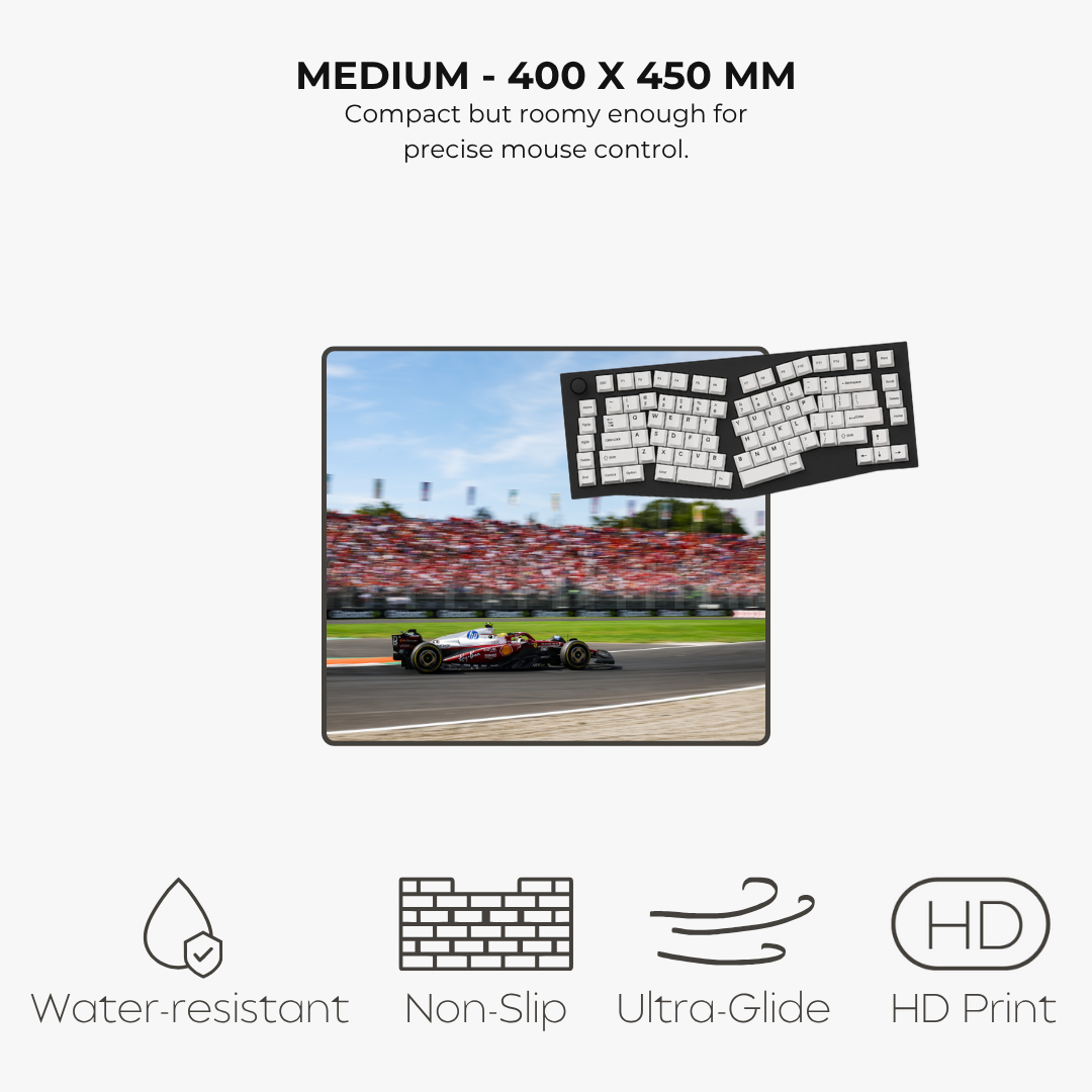 Mousepad with a f1 racing image and keyboard, featuring text about screen size and features.