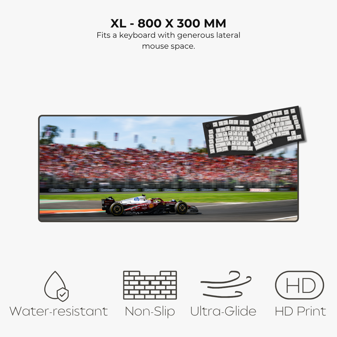Large mousepad displaying a Formula 1 race with keyboard, text about size and features.