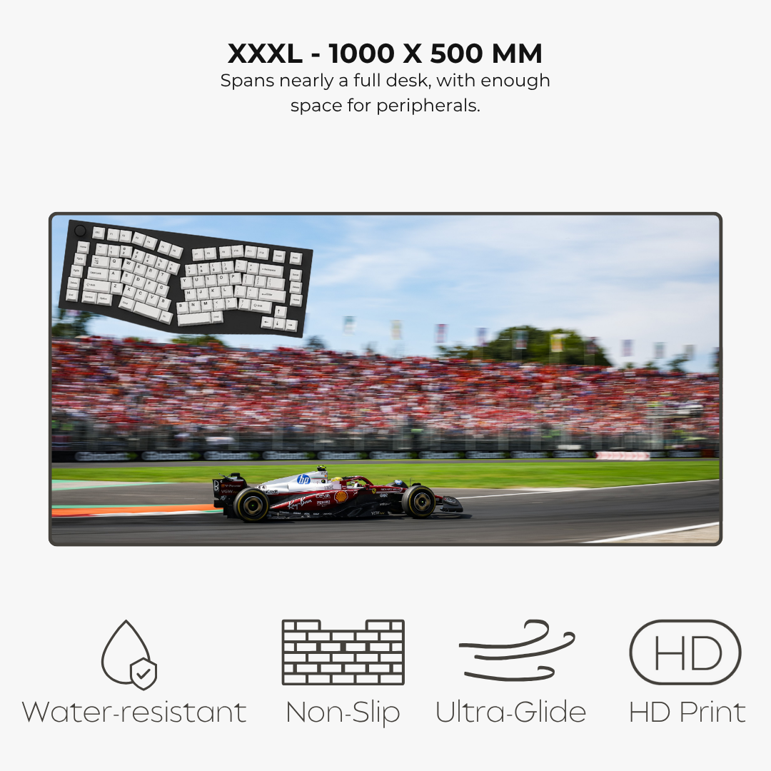 Large mousepad displaying a racing car on a track with text about size and features.