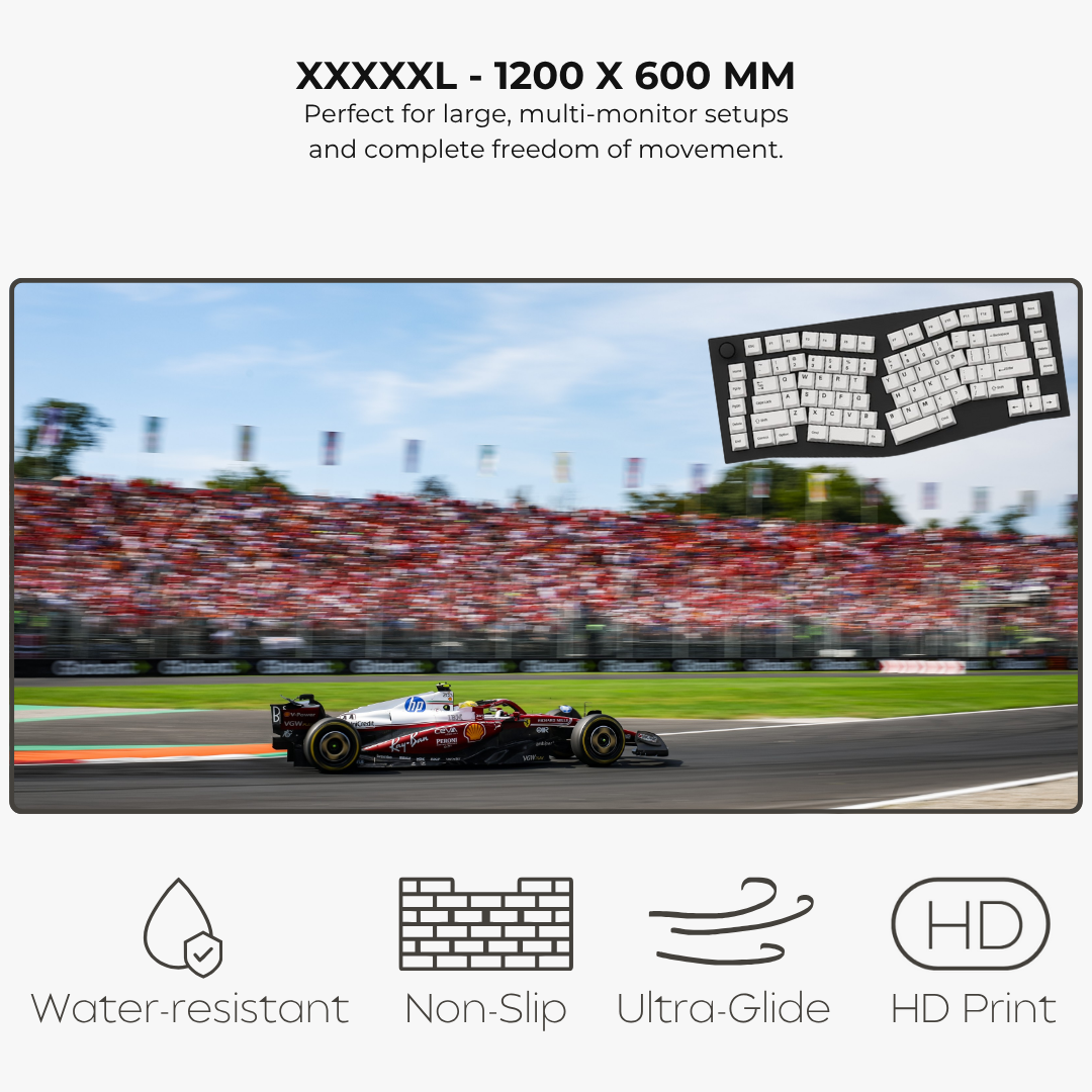 Large monitor displaying a racing car on a track with keyboard overlay, featuring text about screen size and features.