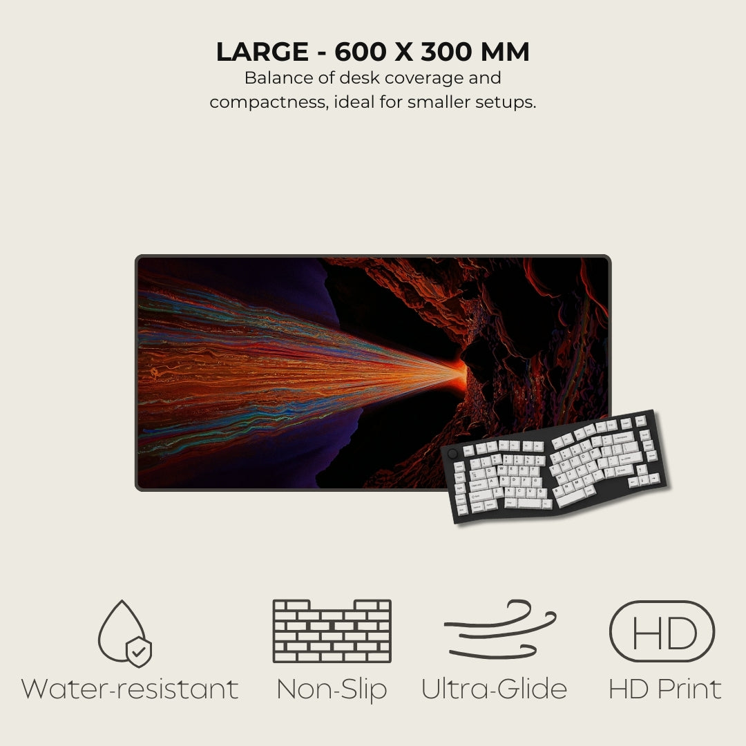 Large mousepad and keyboard setup with specifications on a light gray background