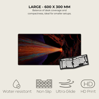 Large mousepad and keyboard setup with specifications on a light gray background