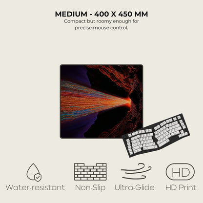 Mousepad with keyboard on a light gray background, featuring text and icons about product specifications.