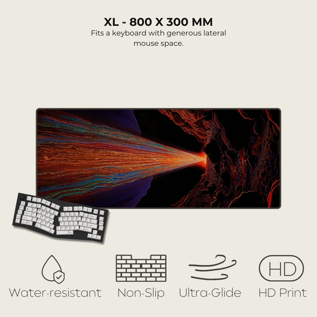 Large monitor with keyboard and mouse space, featuring water-resistant, non-slip, ultra-glide, and HD print features.