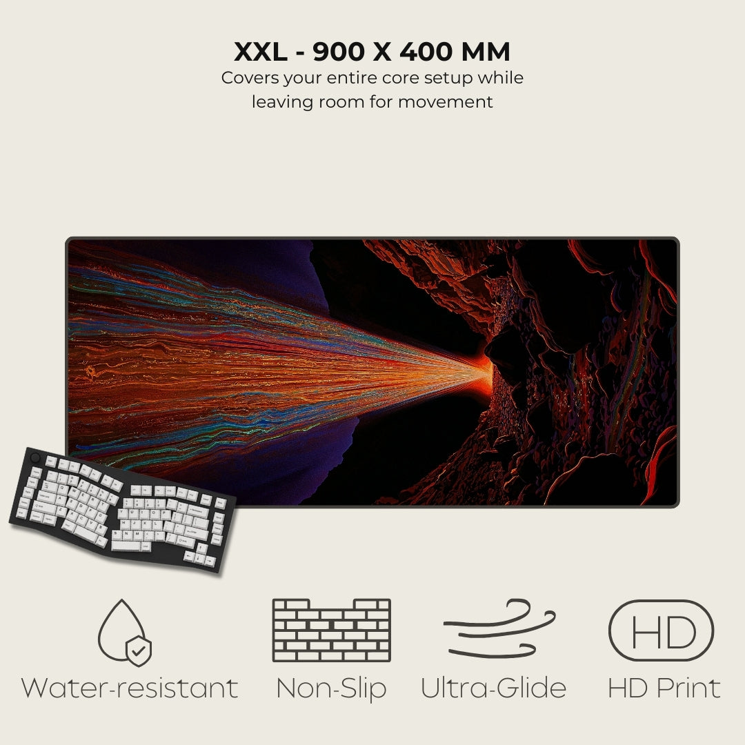 Large desk mat with a colorful design, keyboard, and features listed on a white background