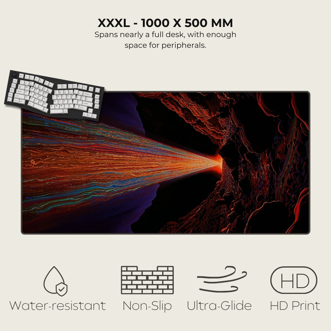 Large monitor with desk setup on a white background, featuring text and icons.