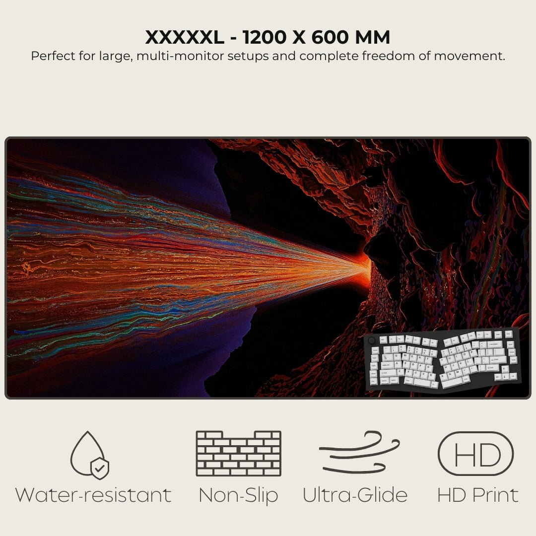 Large monitor with a detailed display of a keyboard and colorful abstract design, featuring text and icons about product features.