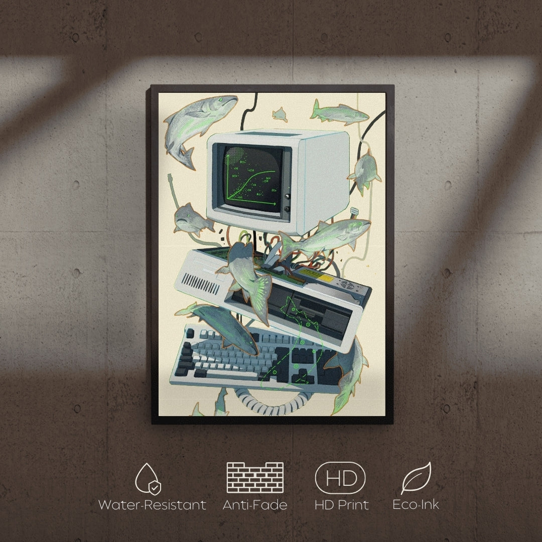 Framed artwork of a vintage computer with fish on a textured wall.