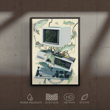 Framed artwork of a vintage computer with fish on a textured wall.