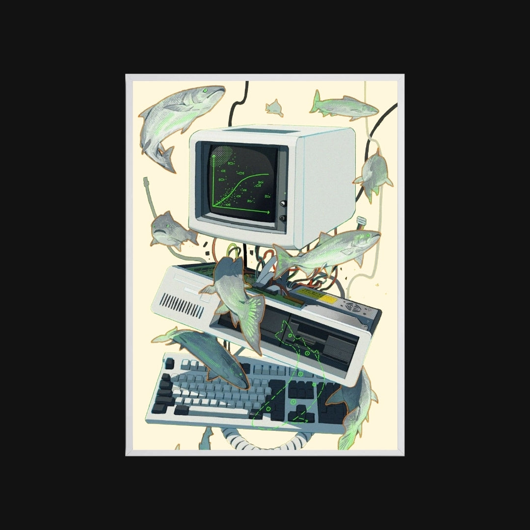 Illustration of a vintage computer with fish around it on a beige background