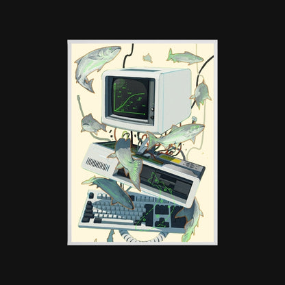 Illustration of a vintage computer with fish around it on a beige background